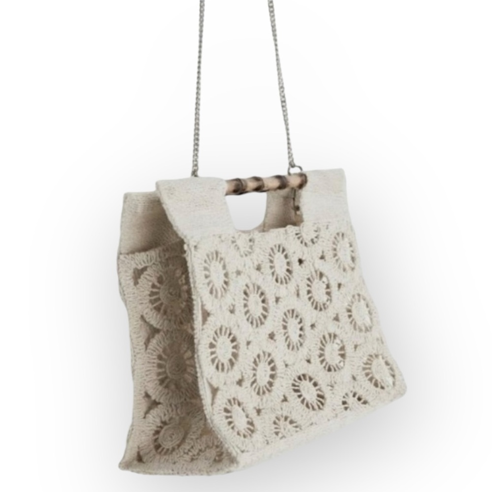 Zara Woman 100% bamboo macrame crochet messenger tote bag crossbody beige